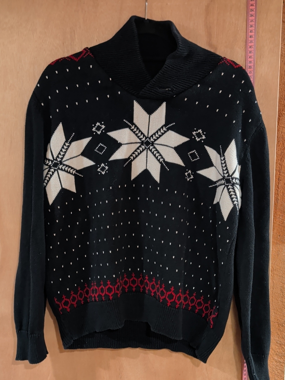 Weatherproof Black Cowl Neck Snowflake Sweater with Red Accents- LARGE